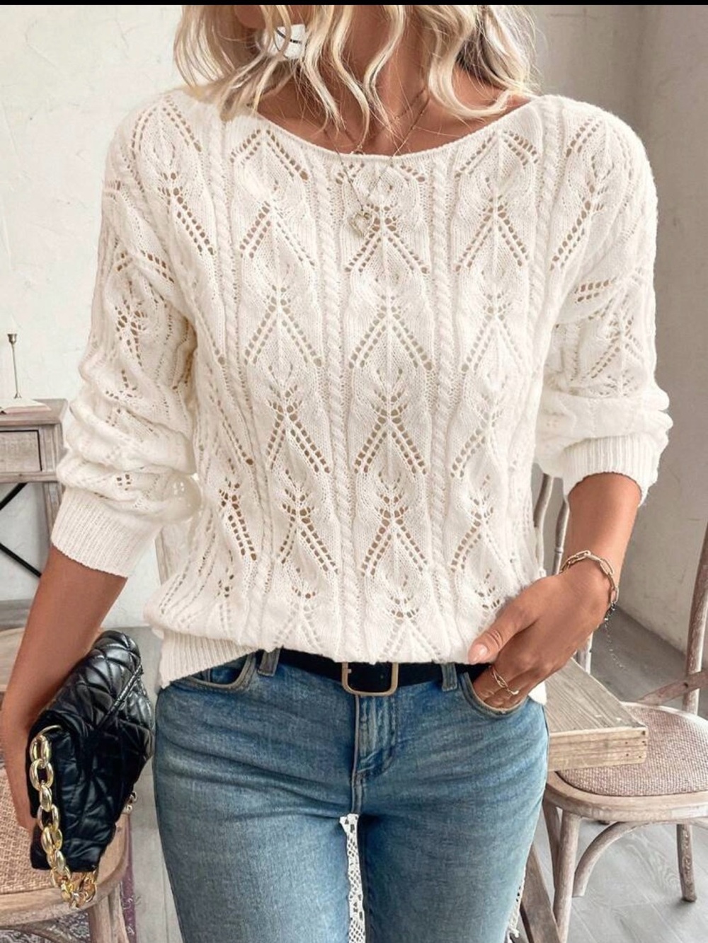 SHEIN Cream Pointelle Knit Sweater Women’s Medium Long Sleeve Boat Neck Pullover
